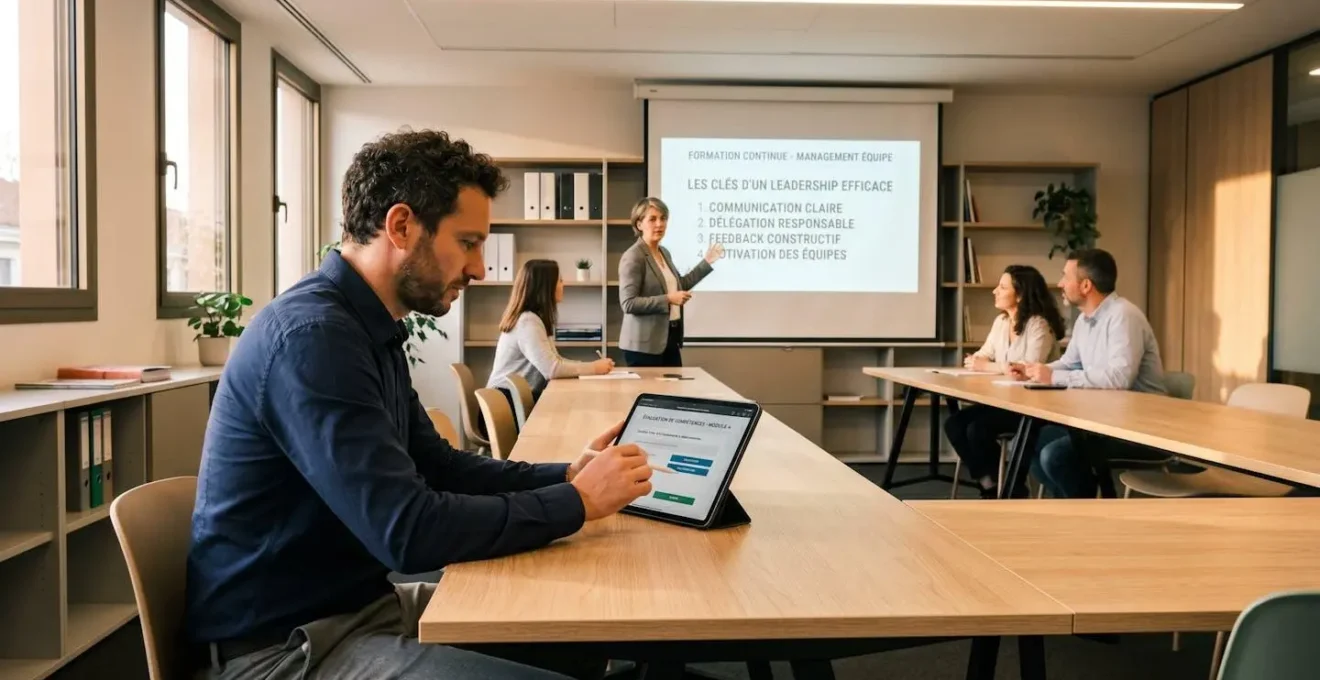 Collaborateur complétant une évaluation digitale sur tablette lors d'une session de formation en entreprise avec formateur et groupe en arrière-plan