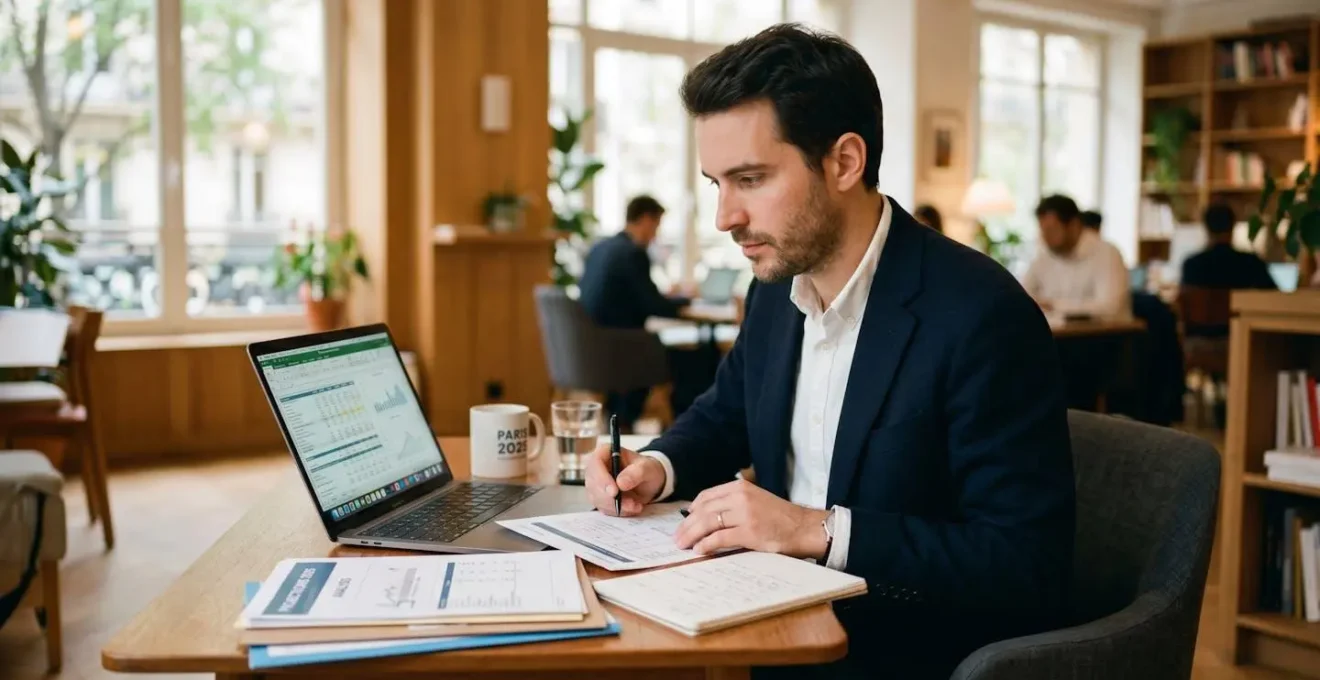 Consultant en portage salarial analysant ses projections de salaire net sur un écran