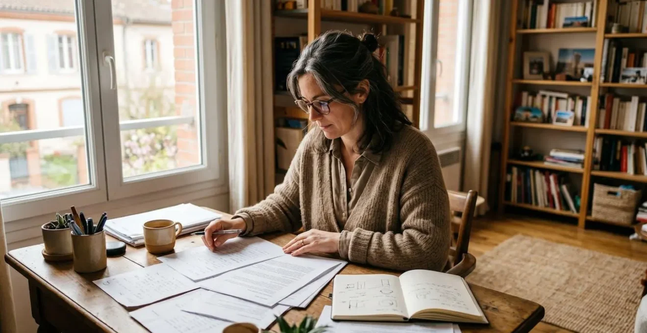 Freelance en portage salarial comparant ses options de revenus depuis son espace de travail à domicile
