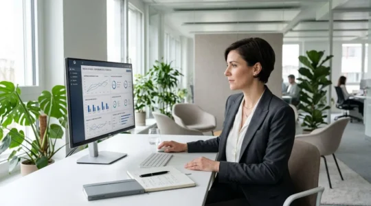 Responsable formation consultant un tableau de bord de performance formation sur écran d'ordinateur dans un bureau professionnel moderne et lumineux
