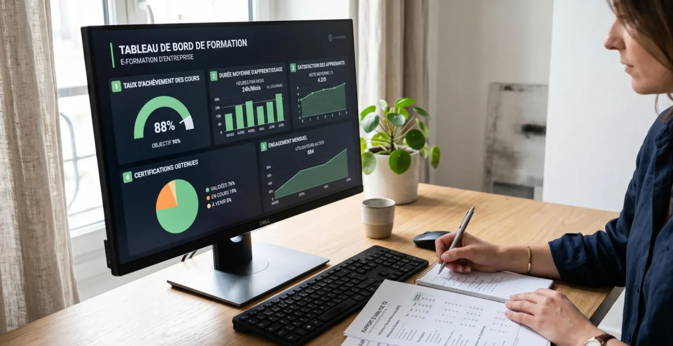Écran d'ordinateur affichant un tableau de bord de formation avec cinq indicateurs clés de performance en français sur un bureau professionnel