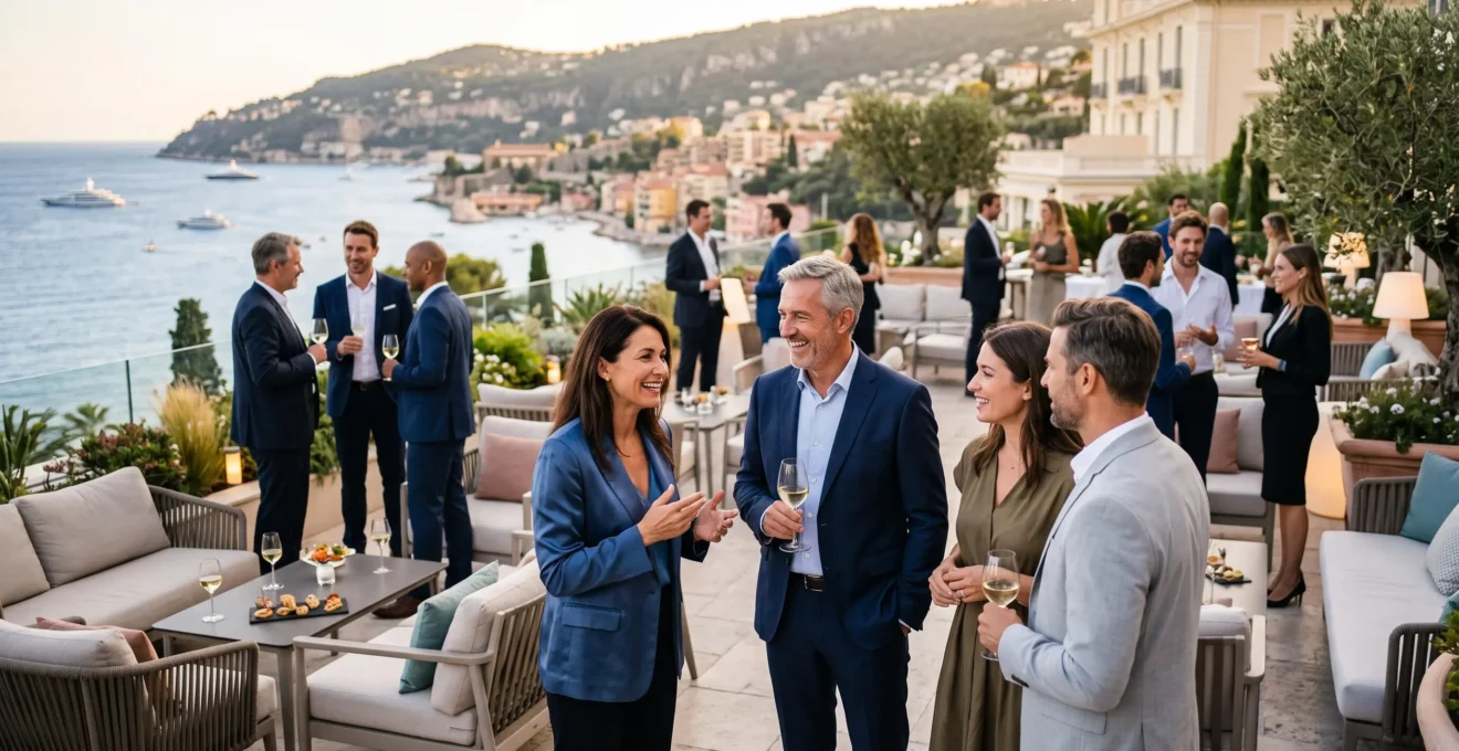 Professionnels en conversation lors d'un cocktail networking en soirée sur la terrasse d'un hôtel en Côte d'Azur