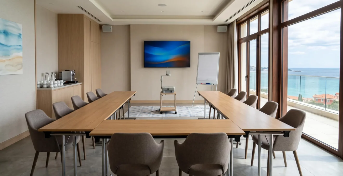 Salle de séminaire modulable équipée dans un hôtel de Côte d'Azur avec grandes fenêtres laissant entrer la lumière naturelle méditerranéenne