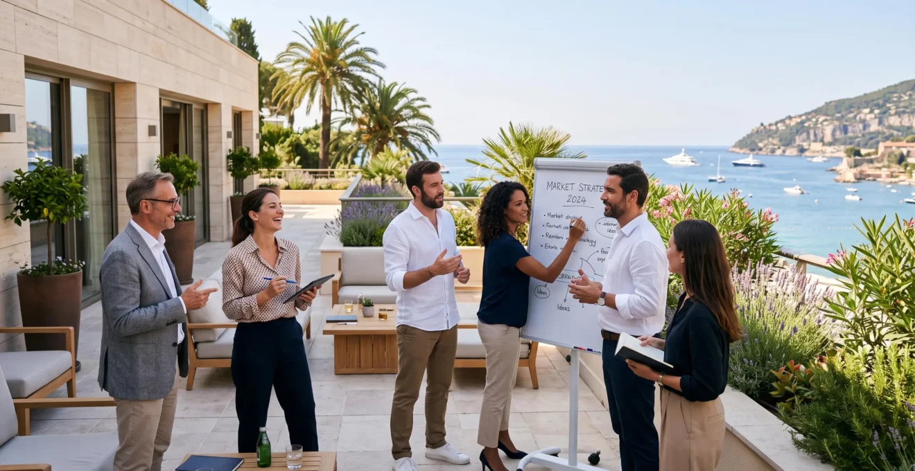 Groupe de professionnels en session de travail collaborative autour d'un paperboard sur une terrasse d'hôtel en Côte d'Azur avec végétation méditerranéenne en arrière-plan