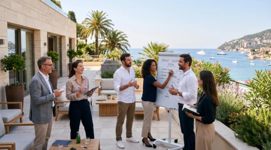 Groupe de professionnels en session de travail collaborative autour d'un paperboard sur une terrasse d'hôtel en Côte d'Azur avec végétation méditerranéenne en arrière-plan