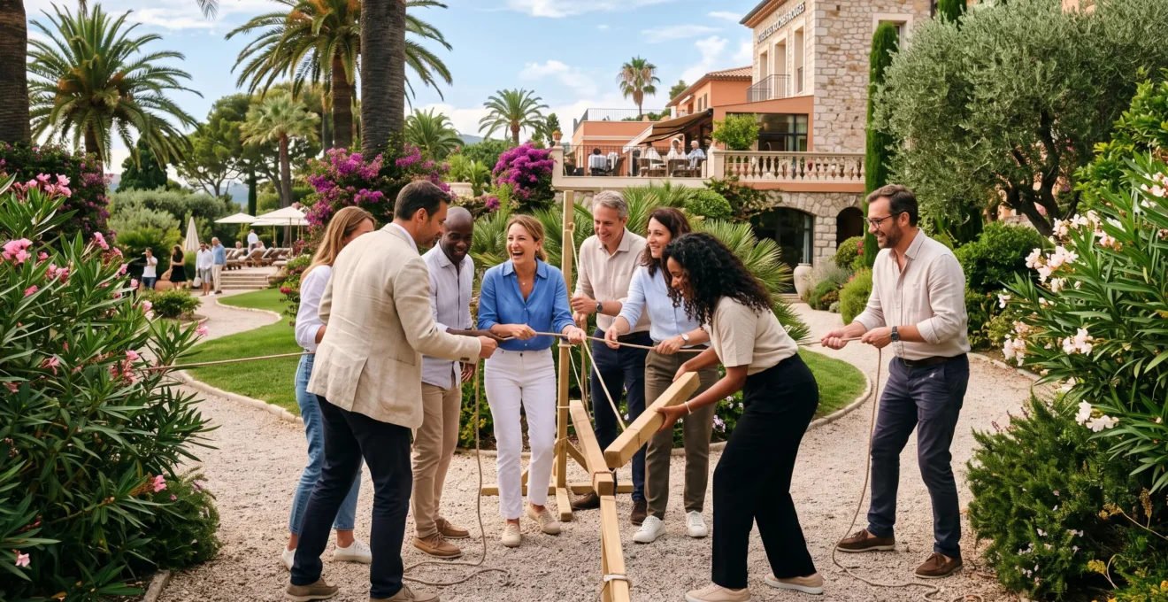 Groupe de professionnels participant à une activité de team building dans les jardins méditerranéens d'un hôtel en Côte d'Azur